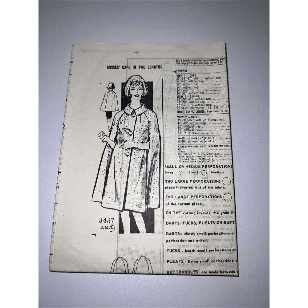 Vintage Misses Cape 2 Lengths Mail Order Sewing Pattern Large 1960s Mod FF Uncut